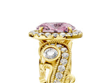 Yellow gold Fancy Pink Oval Cut Halo Diamond Ring with Milgrain and Bezel Accents on a Split Shank Band_18