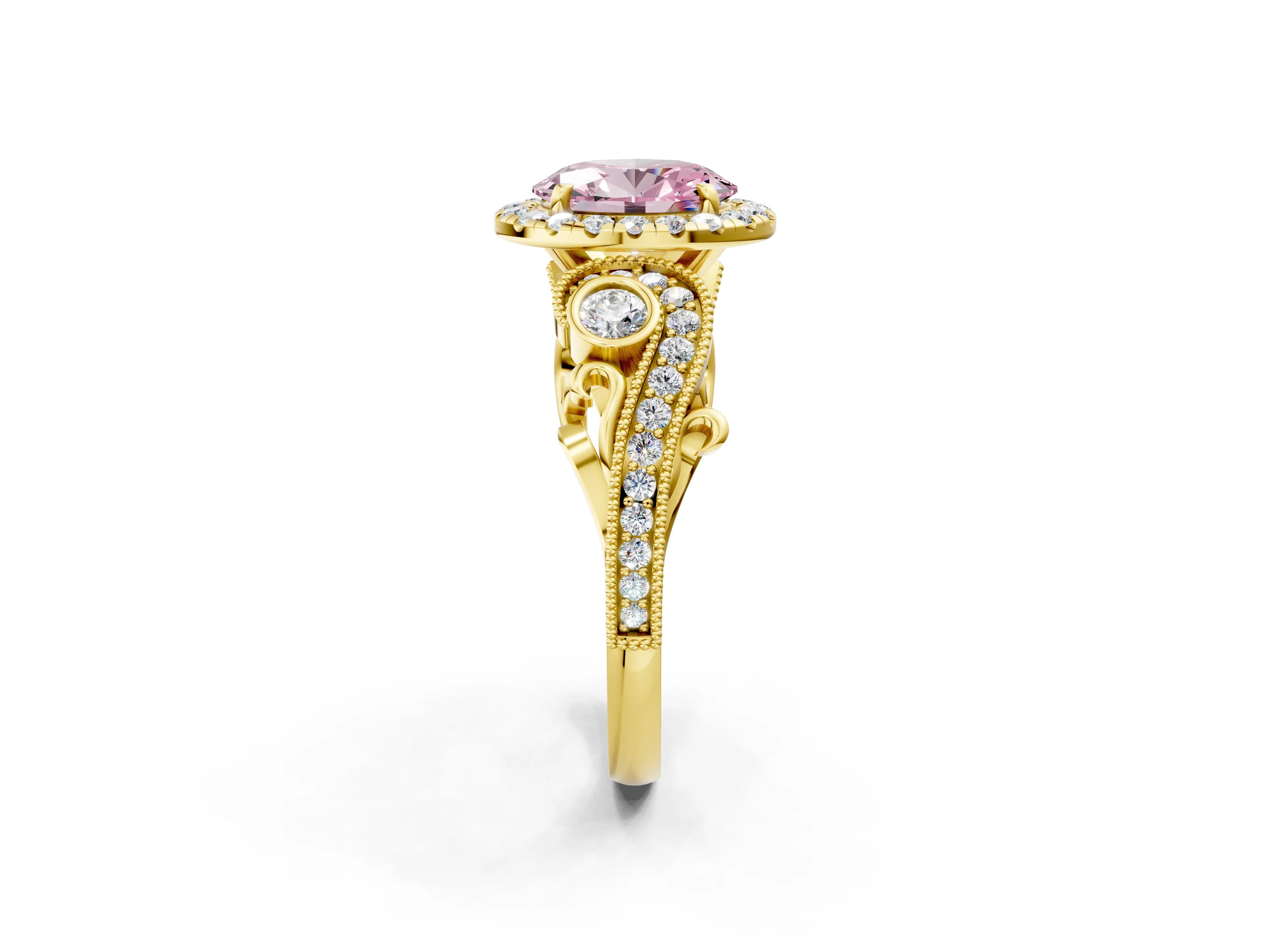 Yellow gold Fancy Pink Oval Cut Halo Diamond Ring with Milgrain and Bezel Accents on a Split Shank Band_2
