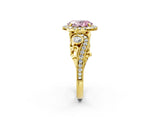Yellow gold Fancy Pink Oval Cut Halo Diamond Ring with Milgrain and Bezel Accents on a Split Shank Band_26