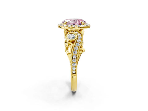 Yellow gold Fancy Pink Oval Cut Halo Diamond Ring with Milgrain and Bezel Accents on a Split Shank Band_2