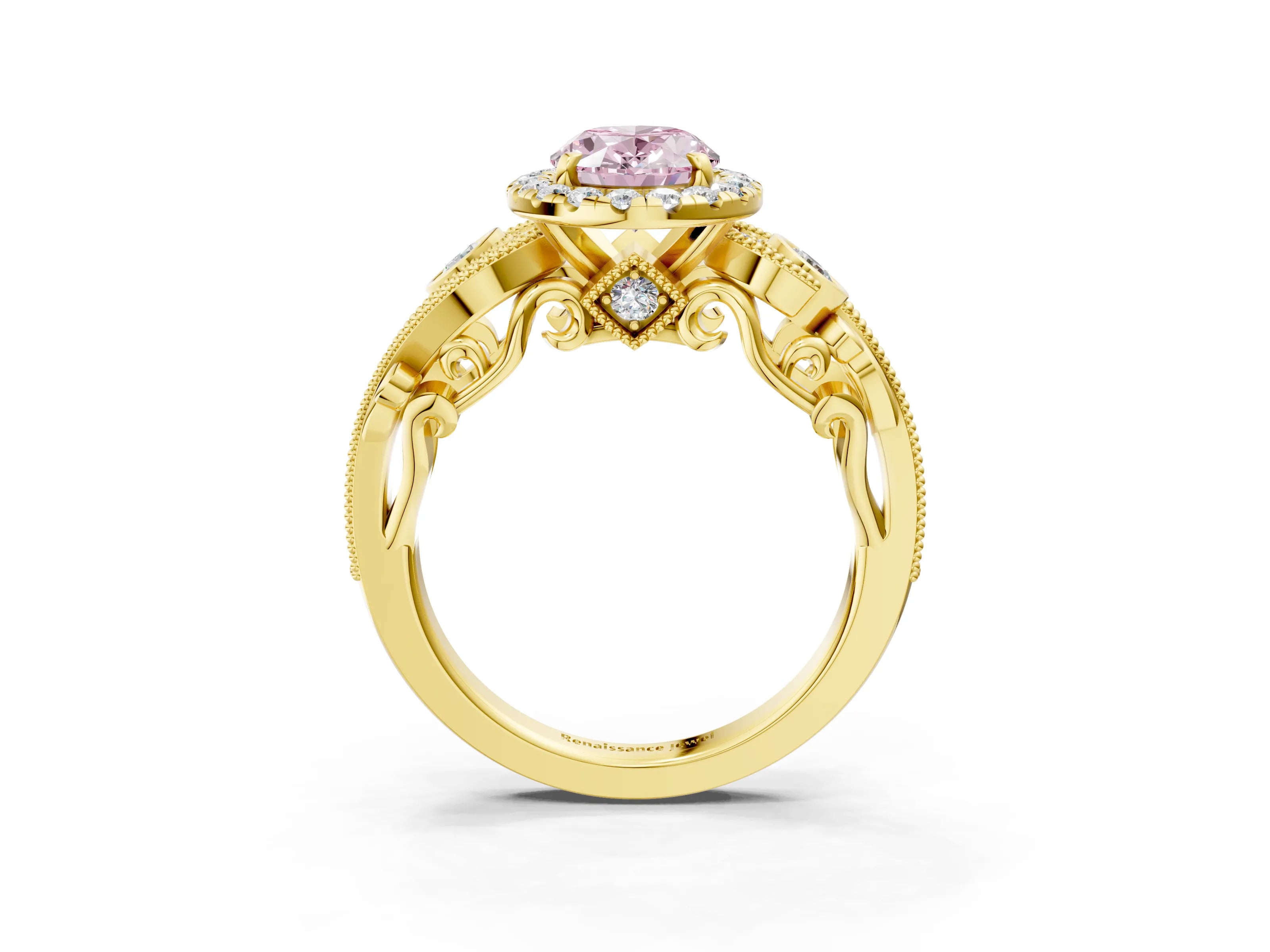 Yellow gold Fancy Pink Oval Cut Halo Diamond Ring with Milgrain and Bezel Accents on a Split Shank Band_3