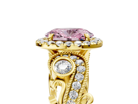 Yellow gold Fancy Pink Oval Cut Halo Diamond Ring with Milgrain and Bezel Accents on a Split Shank Band_5
