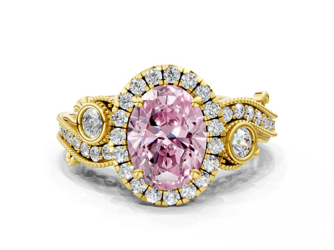 Yellow gold Fancy Pink Oval Cut Halo Diamond Ring with Milgrain and Bezel Accents on a Split Shank Band