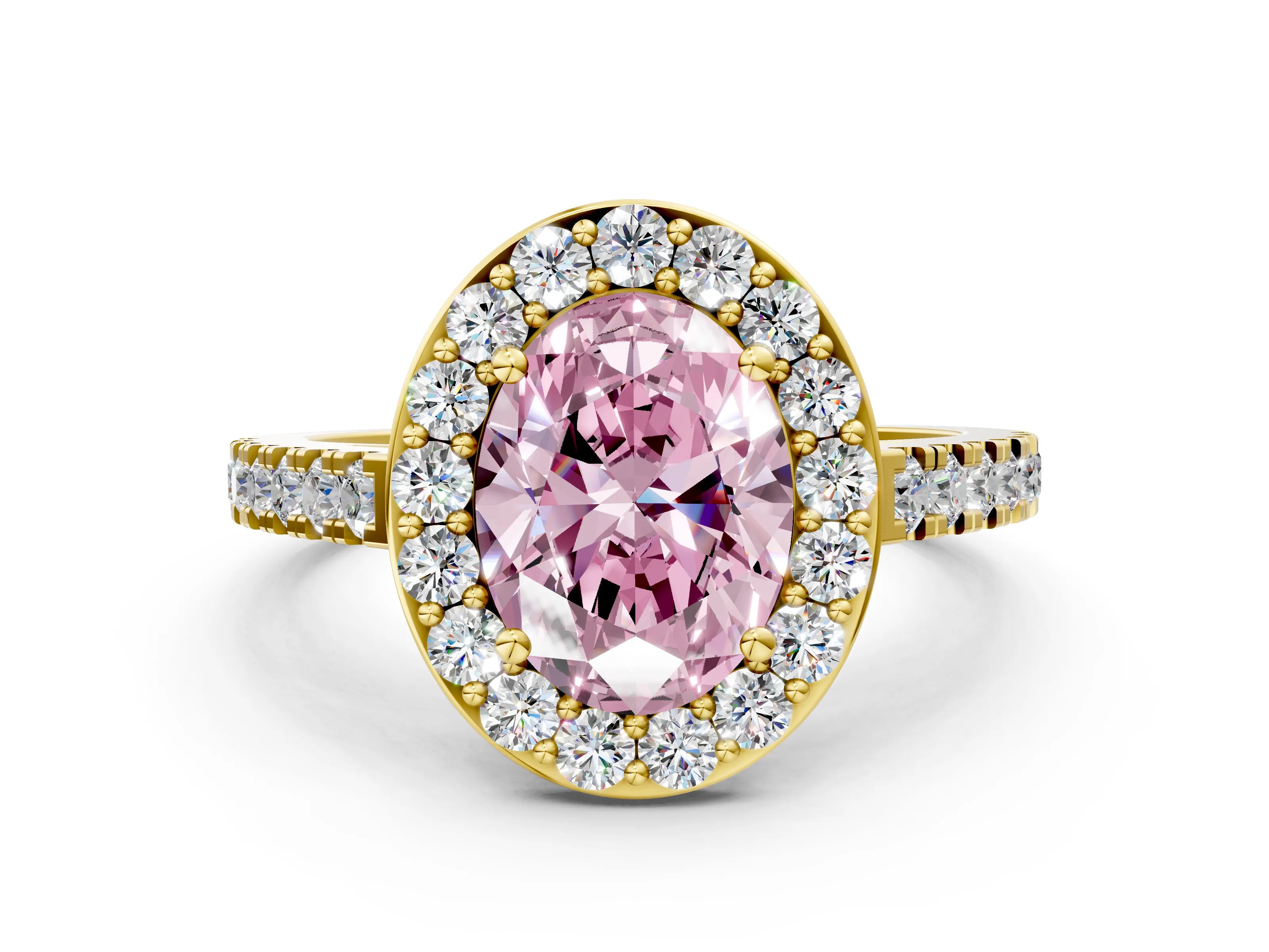 Yellow gold Fancy Pink Oval Cut Halo Diamond Ring with Pavé Band and Three-Prong Setting