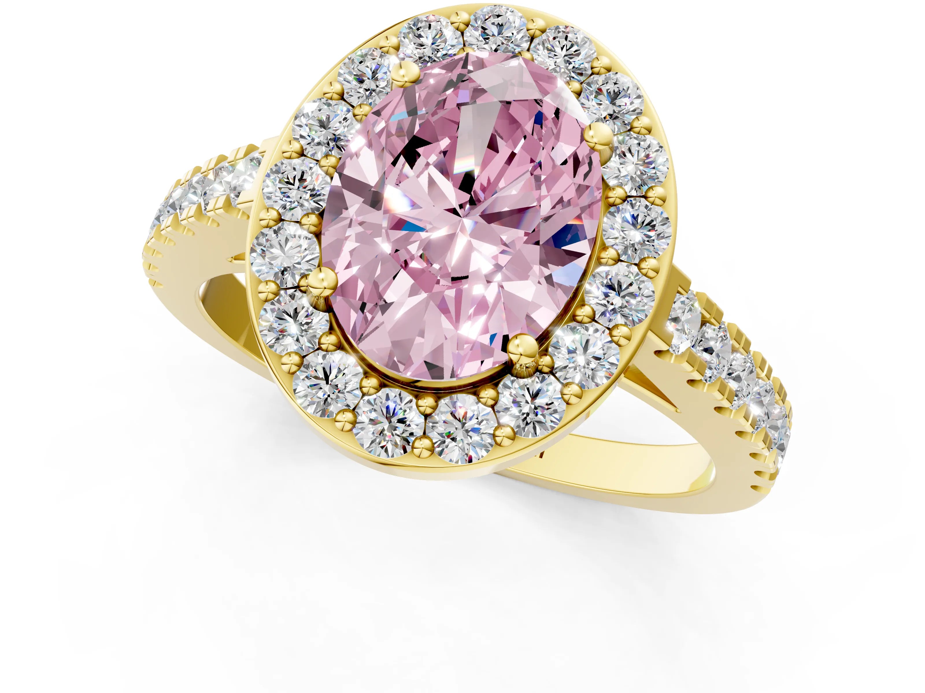 Yellow gold Fancy Pink Oval Cut Halo Diamond Ring with Pavé Band and Three-Prong Setting_1