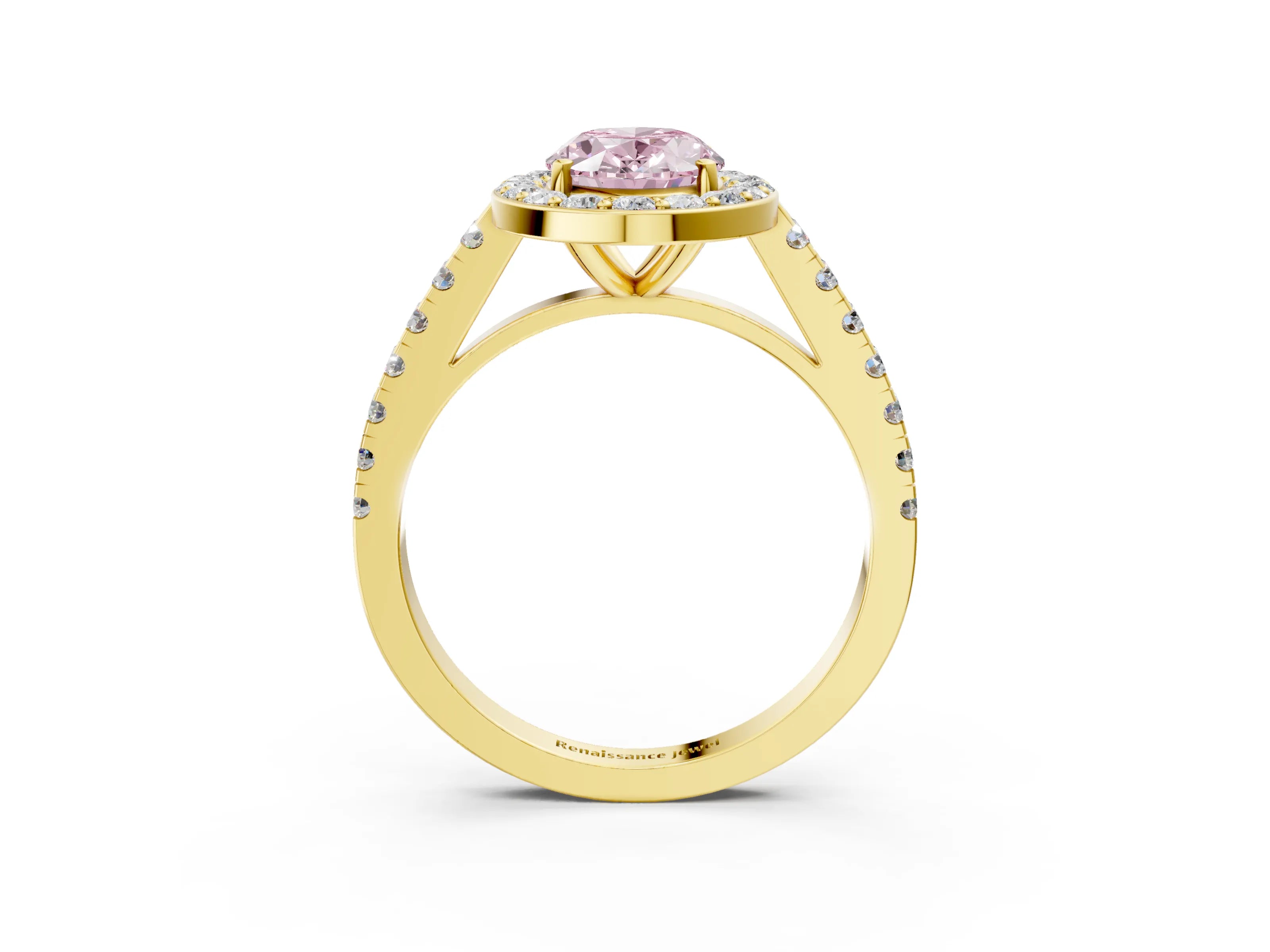 Yellow gold Fancy Pink Oval Cut Halo Diamond Ring with Pavé Band and Three-Prong Setting_3