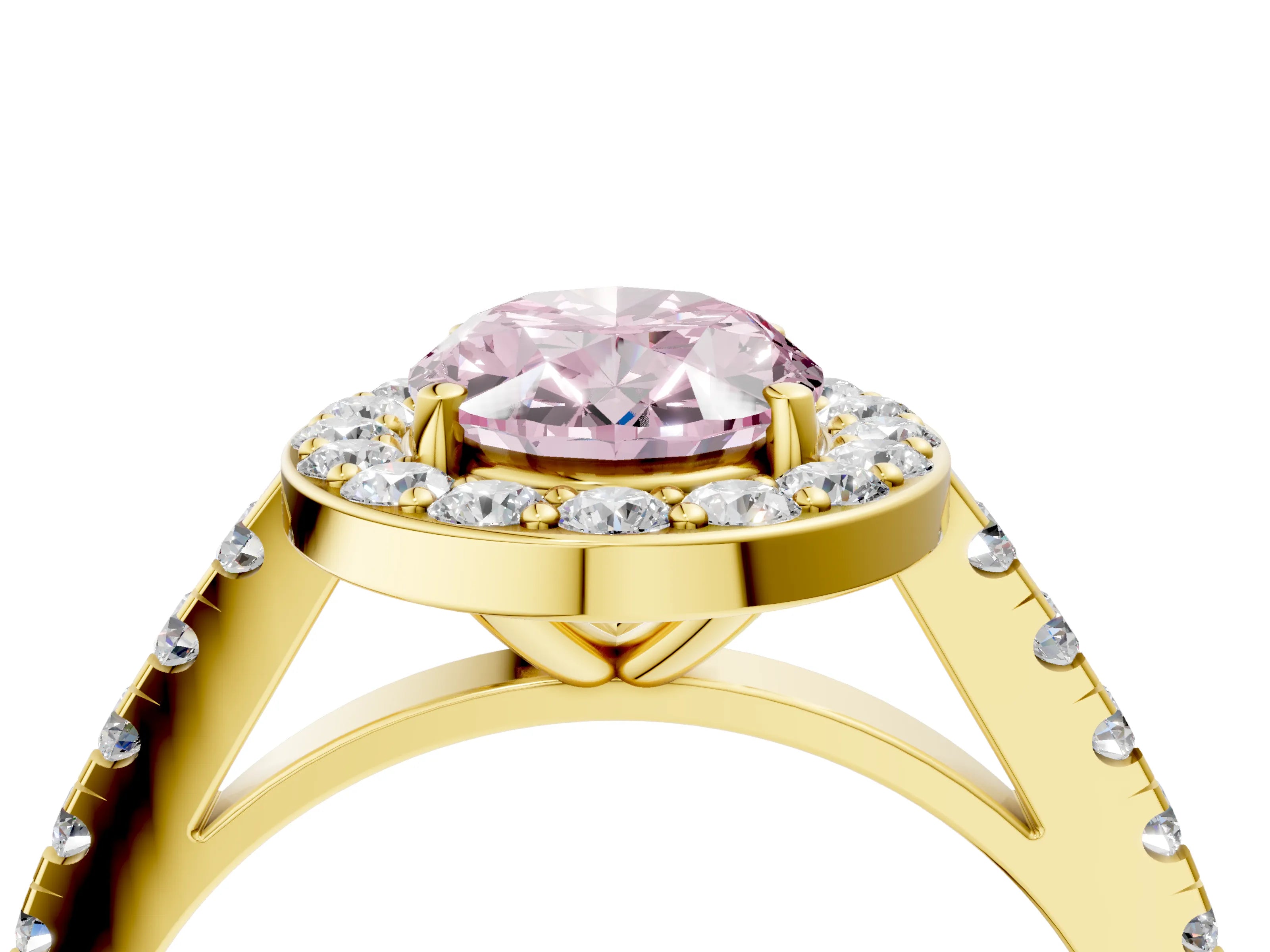 Yellow gold Fancy Pink Oval Cut Halo Diamond Ring with Pavé Band and Three-Prong Setting_4
