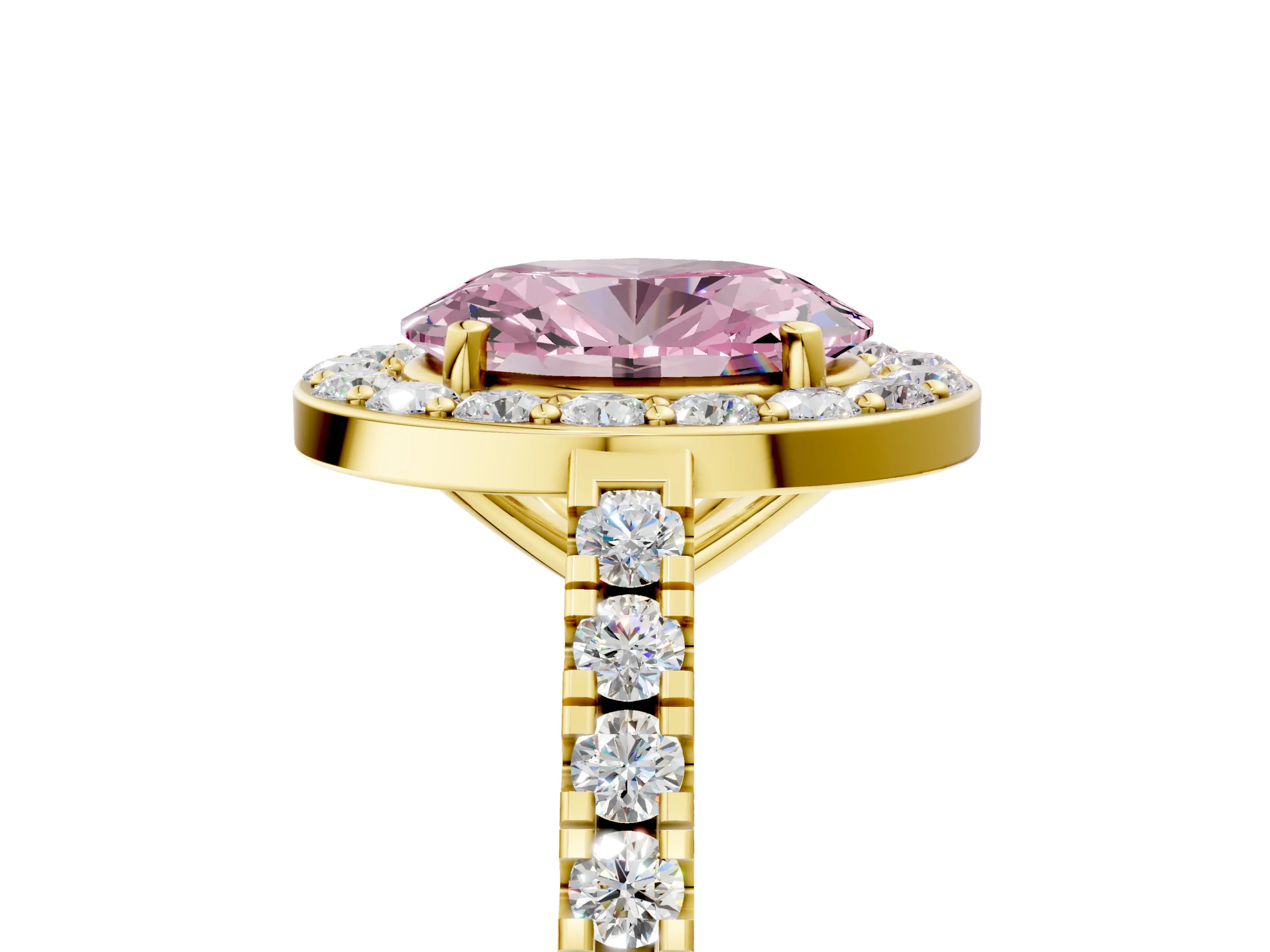 Yellow gold Fancy Pink Oval Cut Halo Diamond Ring with Pavé Band and Three-Prong Setting_5