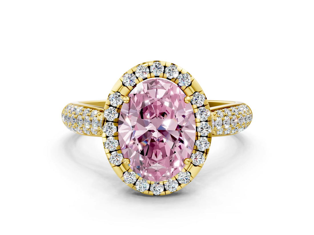 Yellow gold Fancy Pink Oval Cut Halo Diamond Ring with Pavé Band