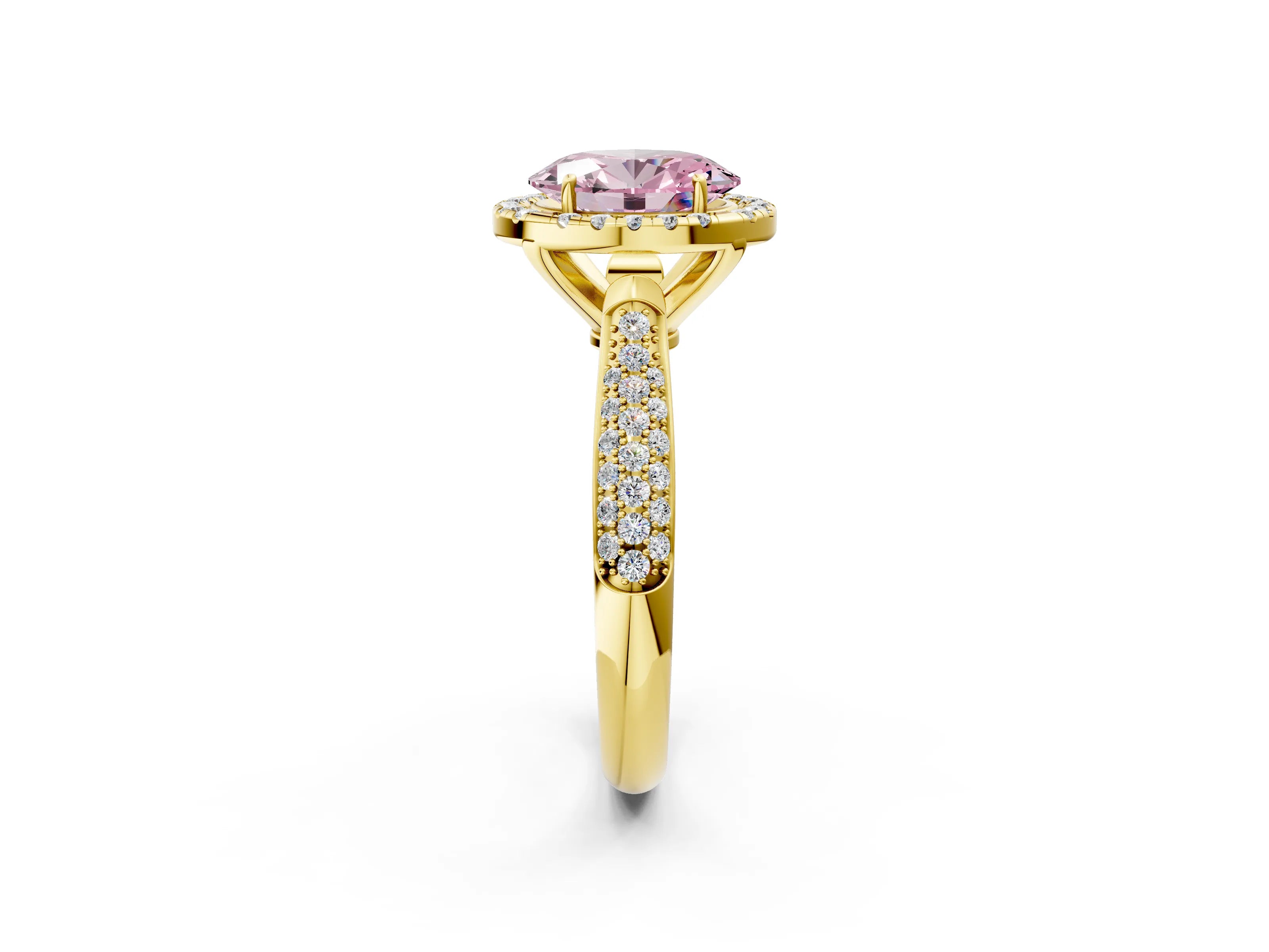 Yellow gold Fancy Pink Oval Cut Halo Diamond Ring with Pavé Band_2