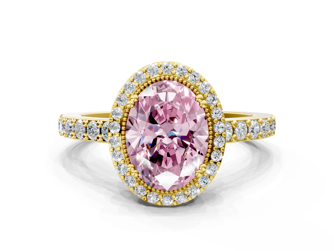 Yellow gold Fancy Pink Oval  Cut Halo Diamond Ring with Pave Band and Four-Prong Setting_24