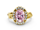 Yellow gold Fancy Pink Oval  Cut Halo Diamond Ring with Scrollwork Band and Four-Prong Setting_131