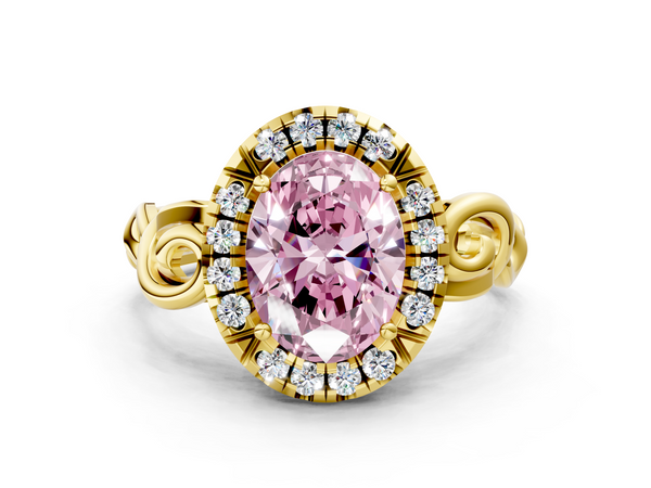 Yellow gold Fancy Pink Oval  Cut Halo Diamond Ring with Scrollwork Band and Four-Prong Setting