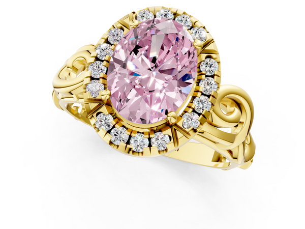 Yellow gold Fancy Pink Oval  Cut Halo Diamond Ring with Scrollwork Band and Four-Prong Setting