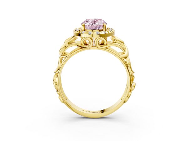 Yellow gold Fancy Pink Oval  Cut Halo Diamond Ring with Scrollwork Band and Four-Prong Setting