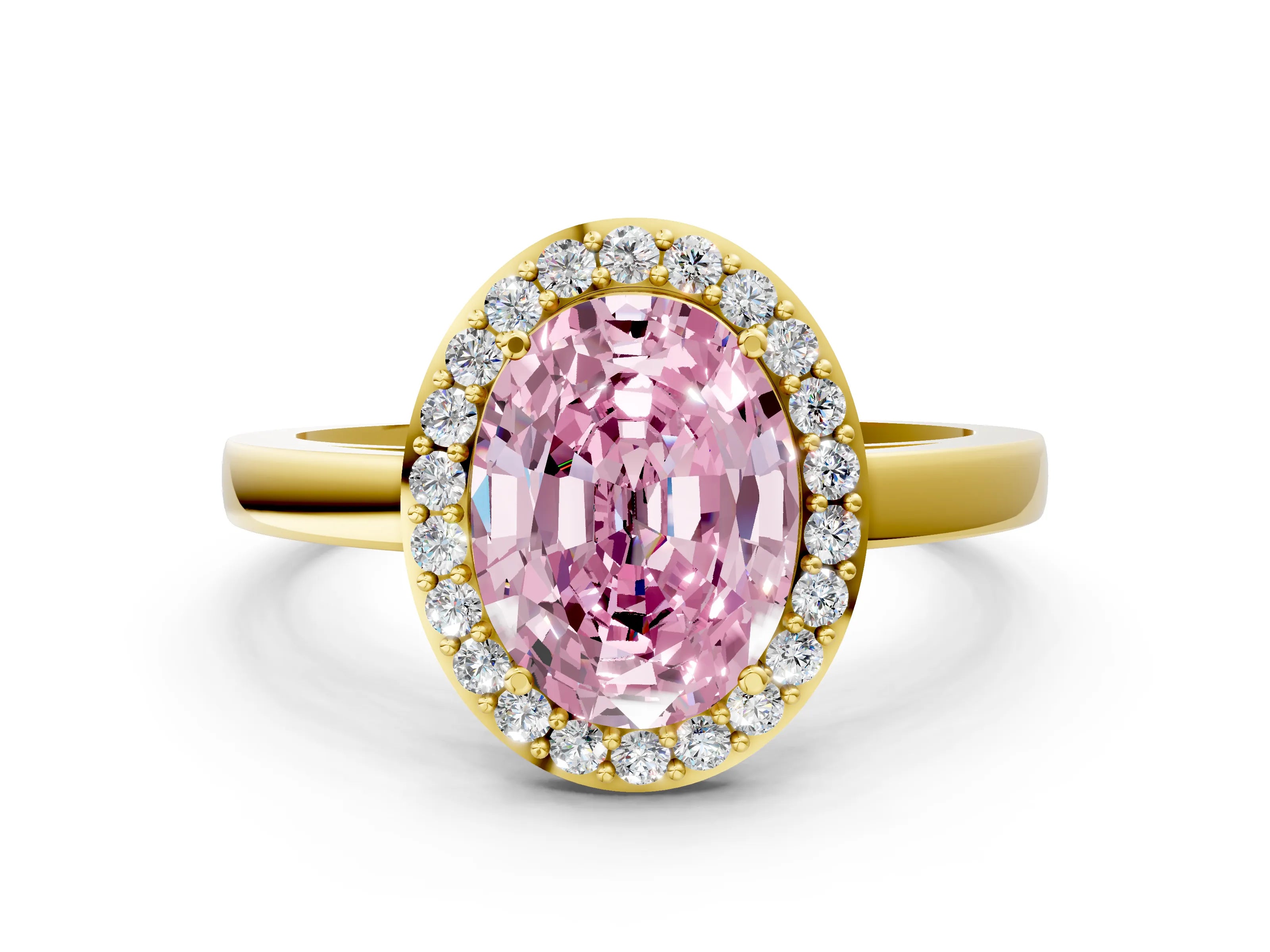 Yellow gold Fancy Pink Oval Cut Halo Diamond Ring with Solitaire Band and Prong Setting