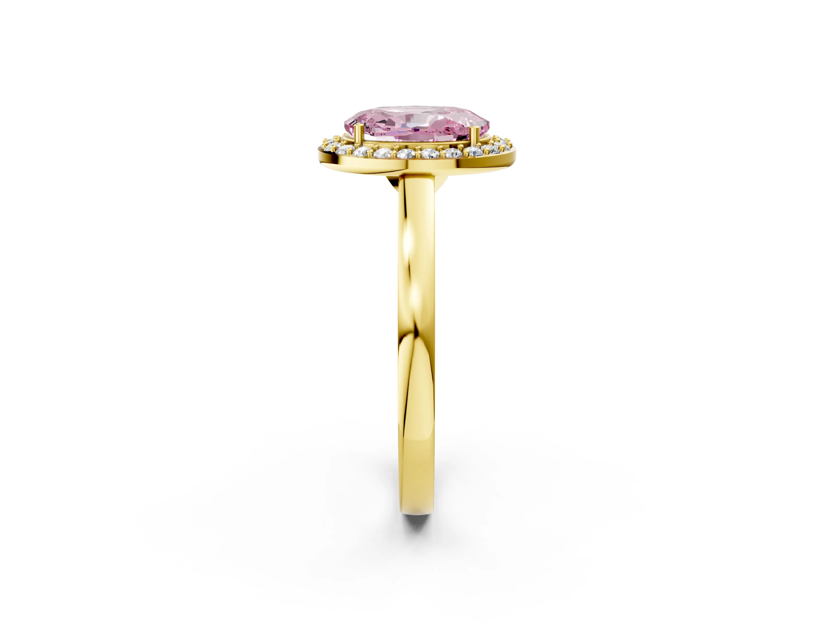 Yellow gold Fancy Pink Oval Cut Halo Diamond Ring with Solitaire Band and Prong Setting_2