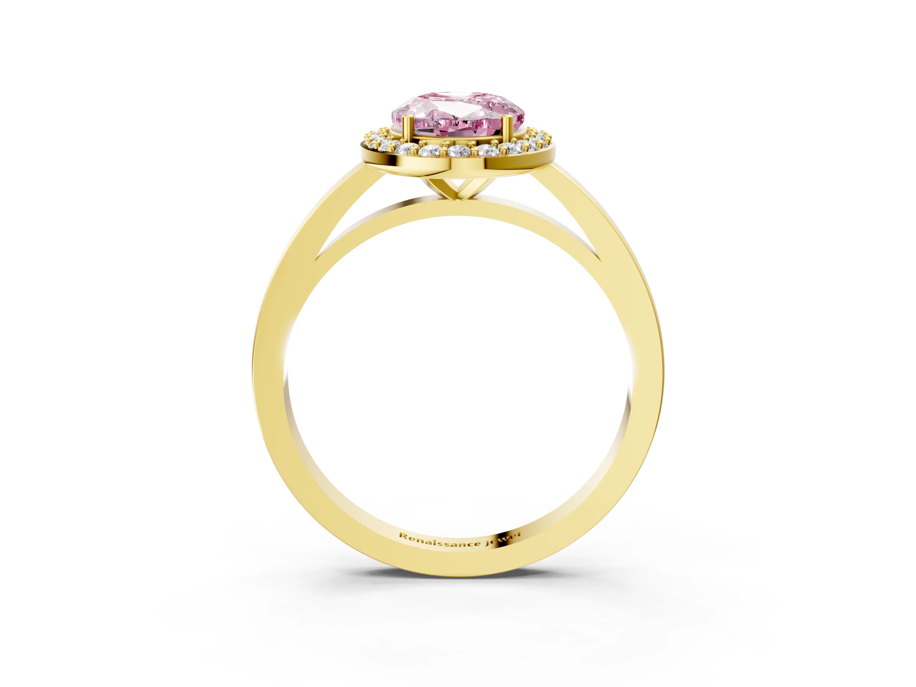 Yellow gold Fancy Pink Oval Cut Halo Diamond Ring with Solitaire Band and Prong Setting_3