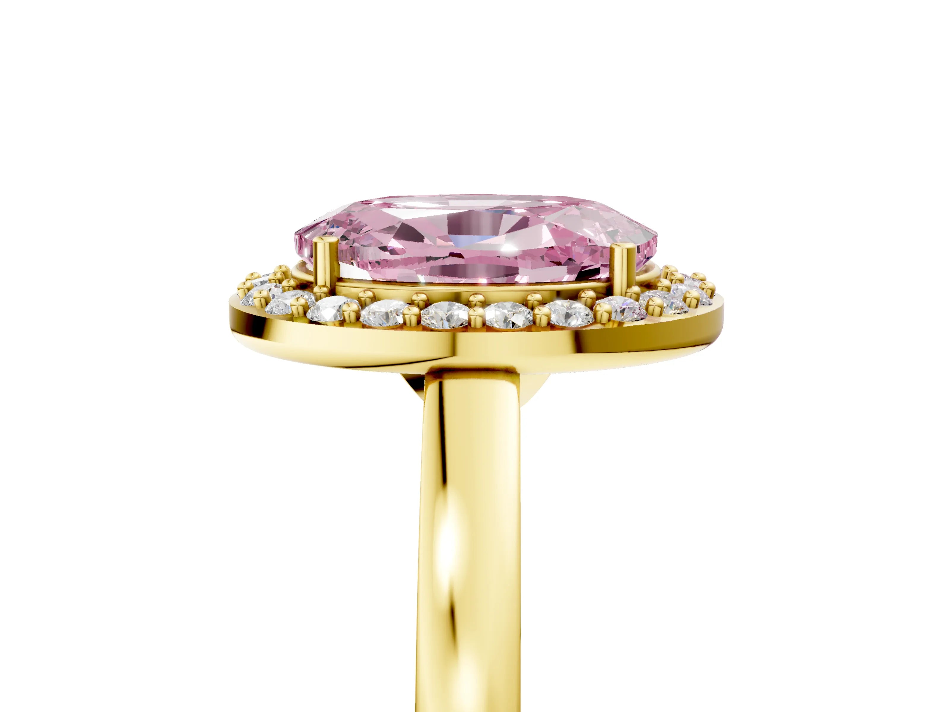 Yellow gold Fancy Pink Oval Cut Halo Diamond Ring with Solitaire Band and Prong Setting_5