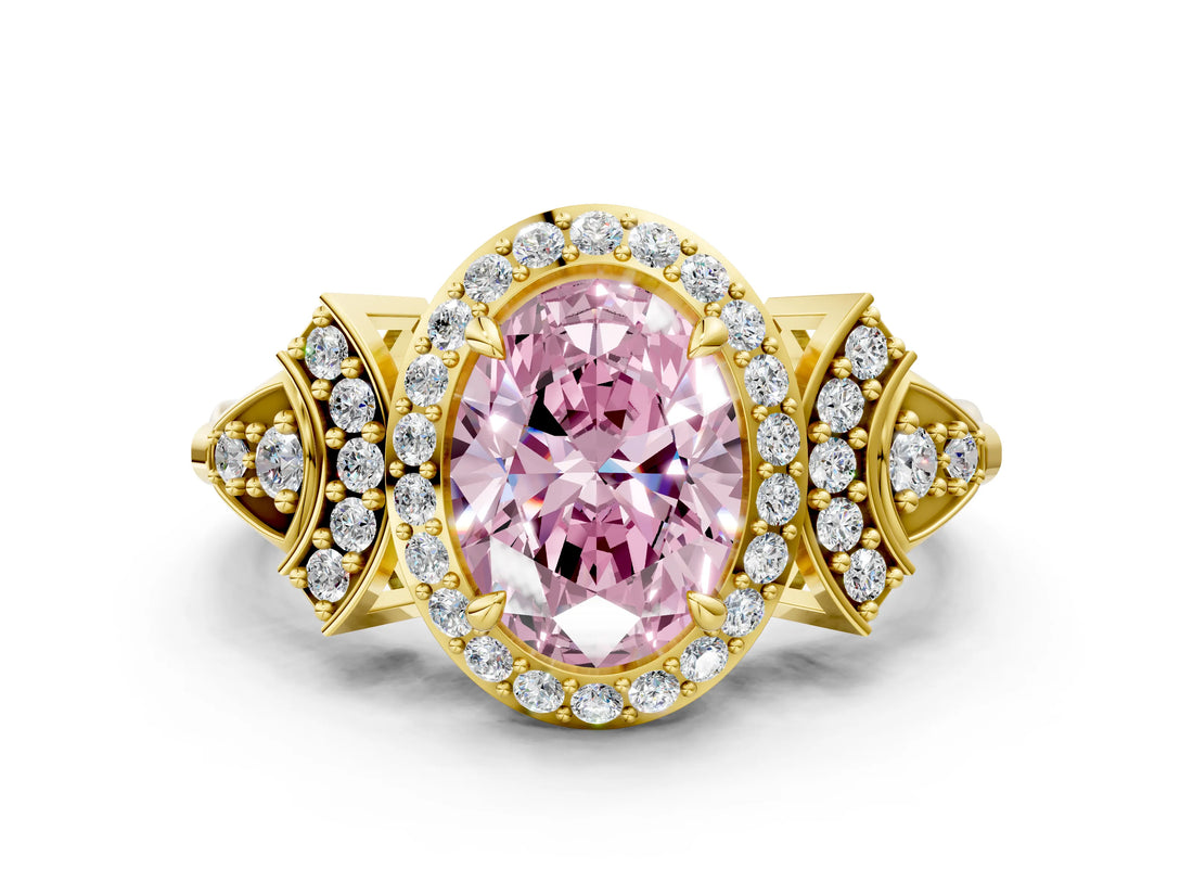 Yellow gold Fancy Pink Oval Cut Halo Diamond Split Shank Engagement Ring with Four-Prong Setting