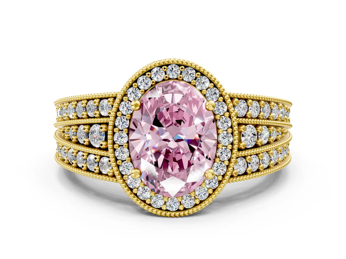 Yellow gold Fancy Pink Oval Cut Halo Diamond Split Shank Ring with Prong Setting