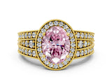 Yellow gold Fancy Pink Oval Cut Halo Diamond Split Shank Ring with Prong Setting