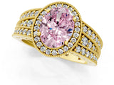 Yellow gold Fancy Pink Oval Cut Halo Diamond Split Shank Ring with Prong Setting_1