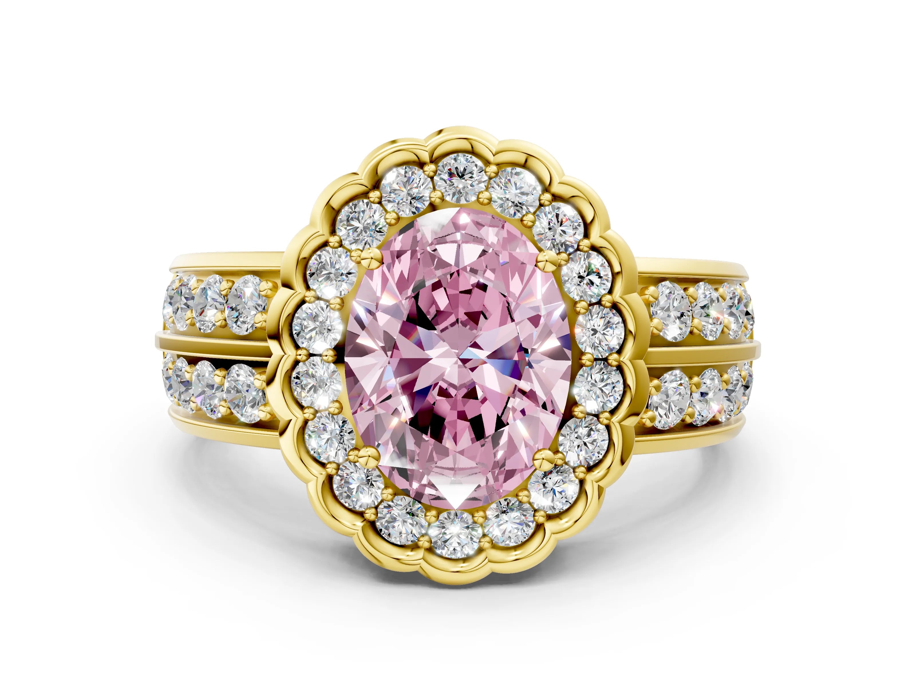 Yellow gold Fancy Pink Oval Cut Halo Diamond Split Shank Ring with Scalloped Prong Setting