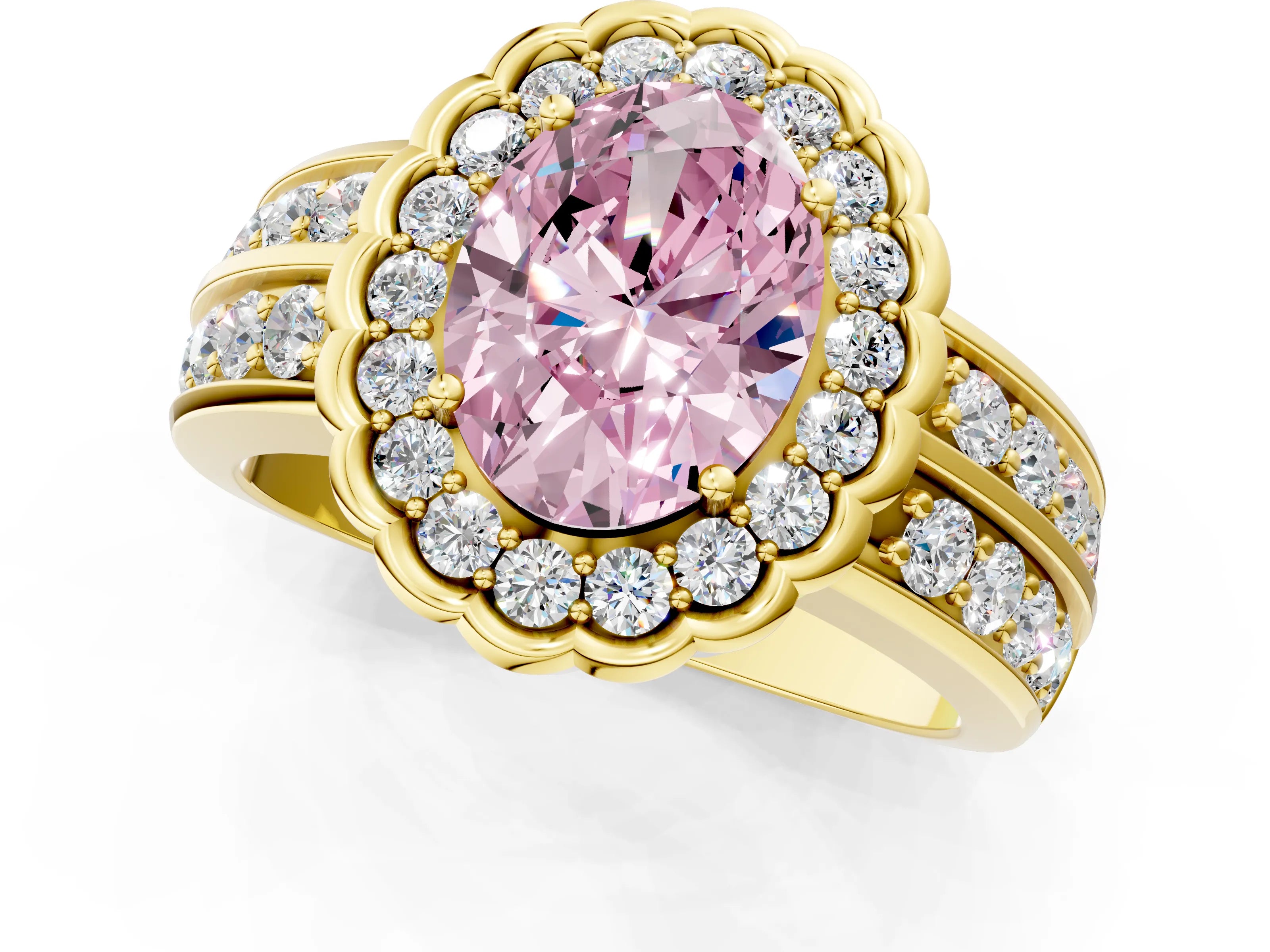 Yellow gold Fancy Pink Oval Cut Halo Diamond Split Shank Ring with Scalloped Prong Setting_1