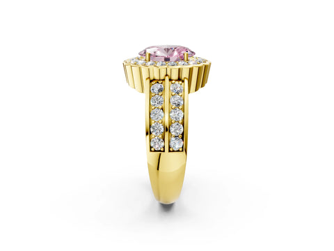Yellow gold Fancy Pink Oval Cut Halo Diamond Split Shank Ring with Scalloped Prong Setting_2