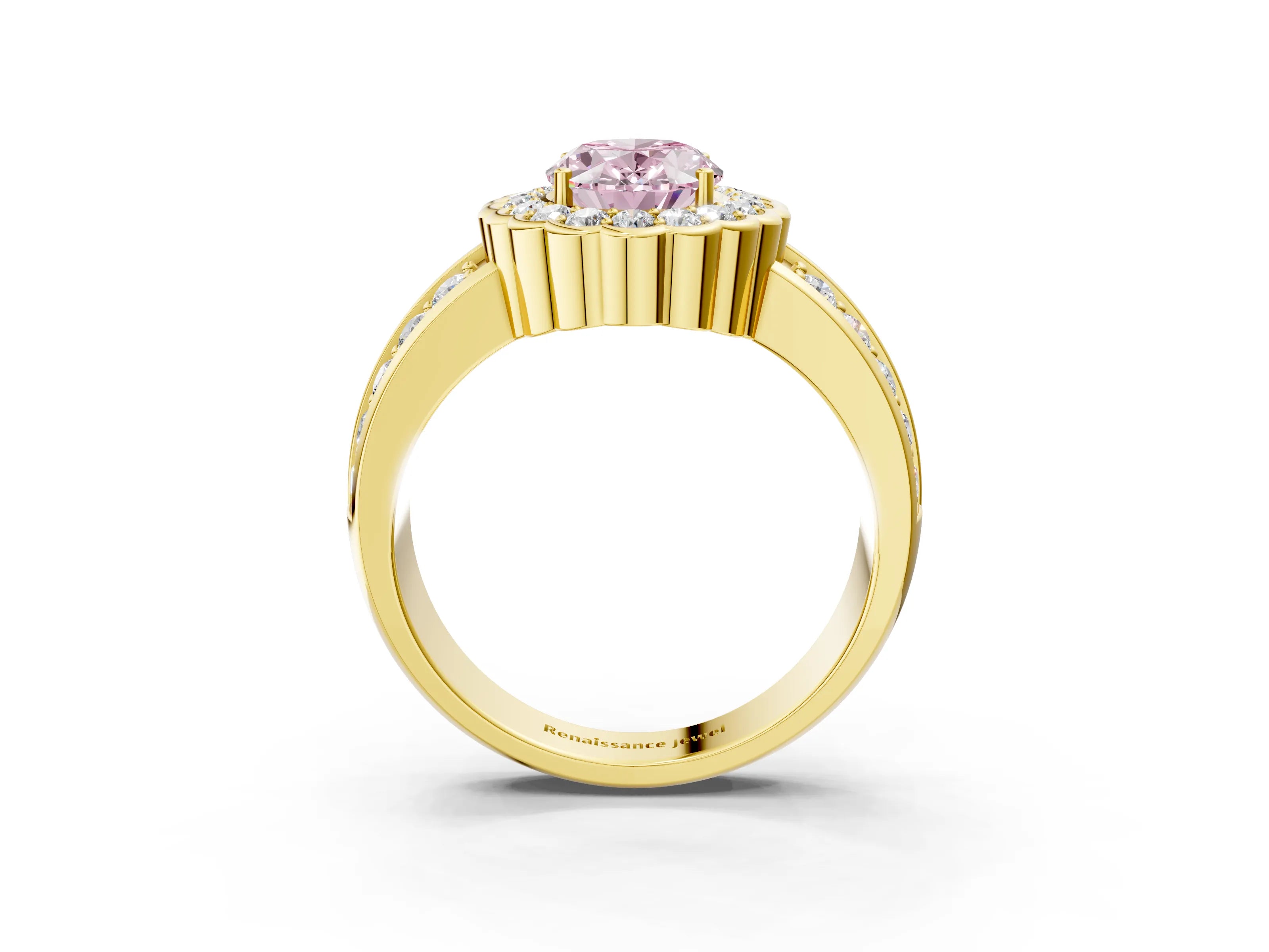 Yellow gold Fancy Pink Oval Cut Halo Diamond Split Shank Ring with Scalloped Prong Setting_3