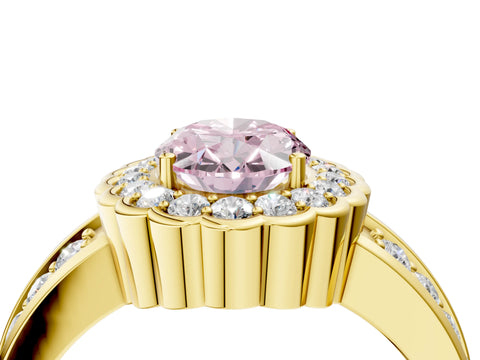 Yellow gold Fancy Pink Oval Cut Halo Diamond Split Shank Ring with Scalloped Prong Setting_4