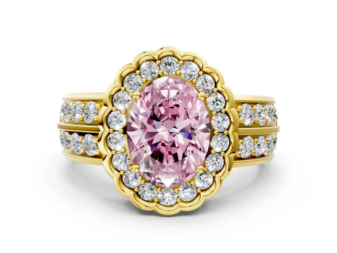 Yellow gold Fancy Pink Oval Cut Halo Diamond Split Shank Ring with Scalloped Prong Setting