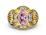 Yellow gold Fancy Pink Oval Cut Halo Milgrain Diamond Engagement Ring with Leaf Band and Four-Prong Setting