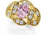 Yellow gold Fancy Pink Oval Cut Halo Milgrain Diamond Engagement Ring with Leaf Band and Four-Prong Setting_1
