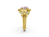 Yellow gold Fancy Pink Oval Cut Halo Milgrain Diamond Engagement Ring with Leaf Band and Four-Prong Setting_2