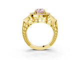 Yellow gold Fancy Pink Oval Cut Halo Milgrain Diamond Engagement Ring with Leaf Band and Four-Prong Setting_3