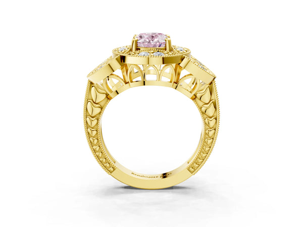 Yellow gold Fancy Pink Oval Cut Halo Milgrain Diamond Engagement Ring with Leaf Band and Four-Prong Setting