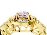 Yellow gold Fancy Pink Oval Cut Halo Milgrain Diamond Engagement Ring with Leaf Band and Four-Prong Setting_4