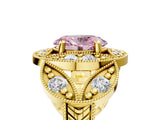 Yellow gold Fancy Pink Oval Cut Halo Milgrain Diamond Engagement Ring with Leaf Band and Four-Prong Setting_5