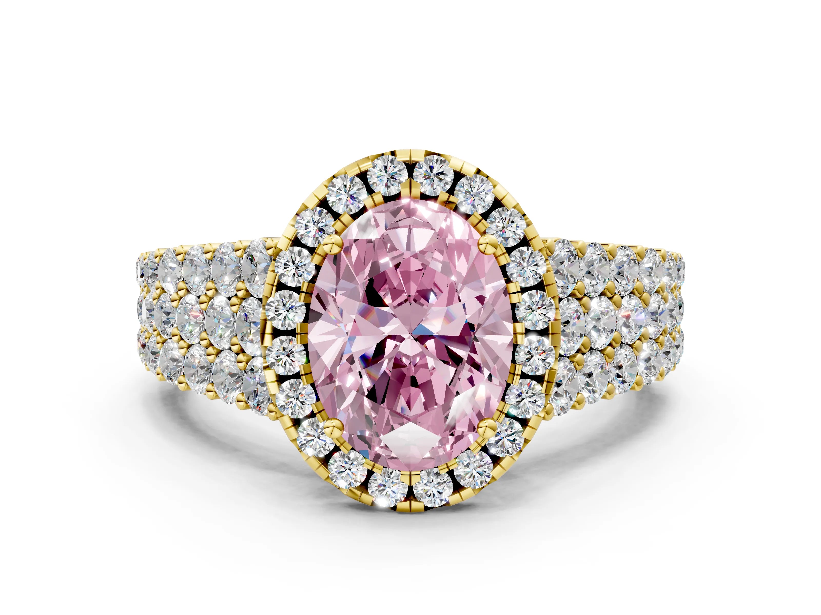 Yellow gold Fancy Pink Oval Cut Halo Pavé Diamond Engagement Ring with Split Shank and Four-Prong Setting_3