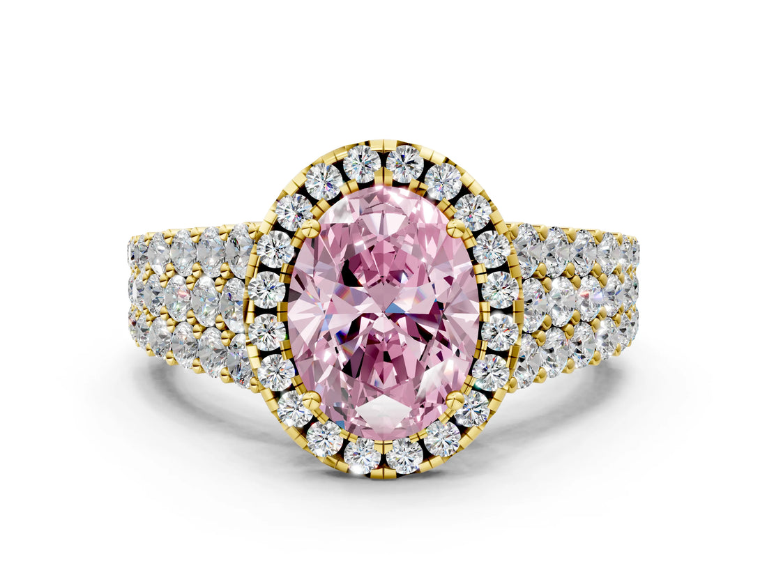 Yellow gold Fancy Pink Oval Cut Halo Pavé Diamond Engagement Ring with Split Shank and Four-Prong Setting_3
