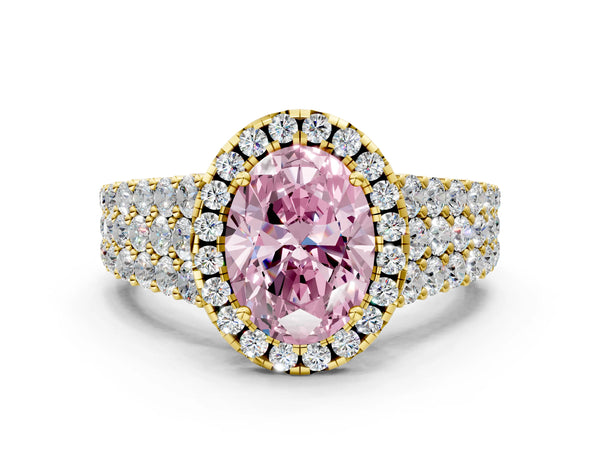 Yellow gold Fancy Pink Oval Cut Halo Pavé Diamond Engagement Ring with Split Shank and Four-Prong Setting