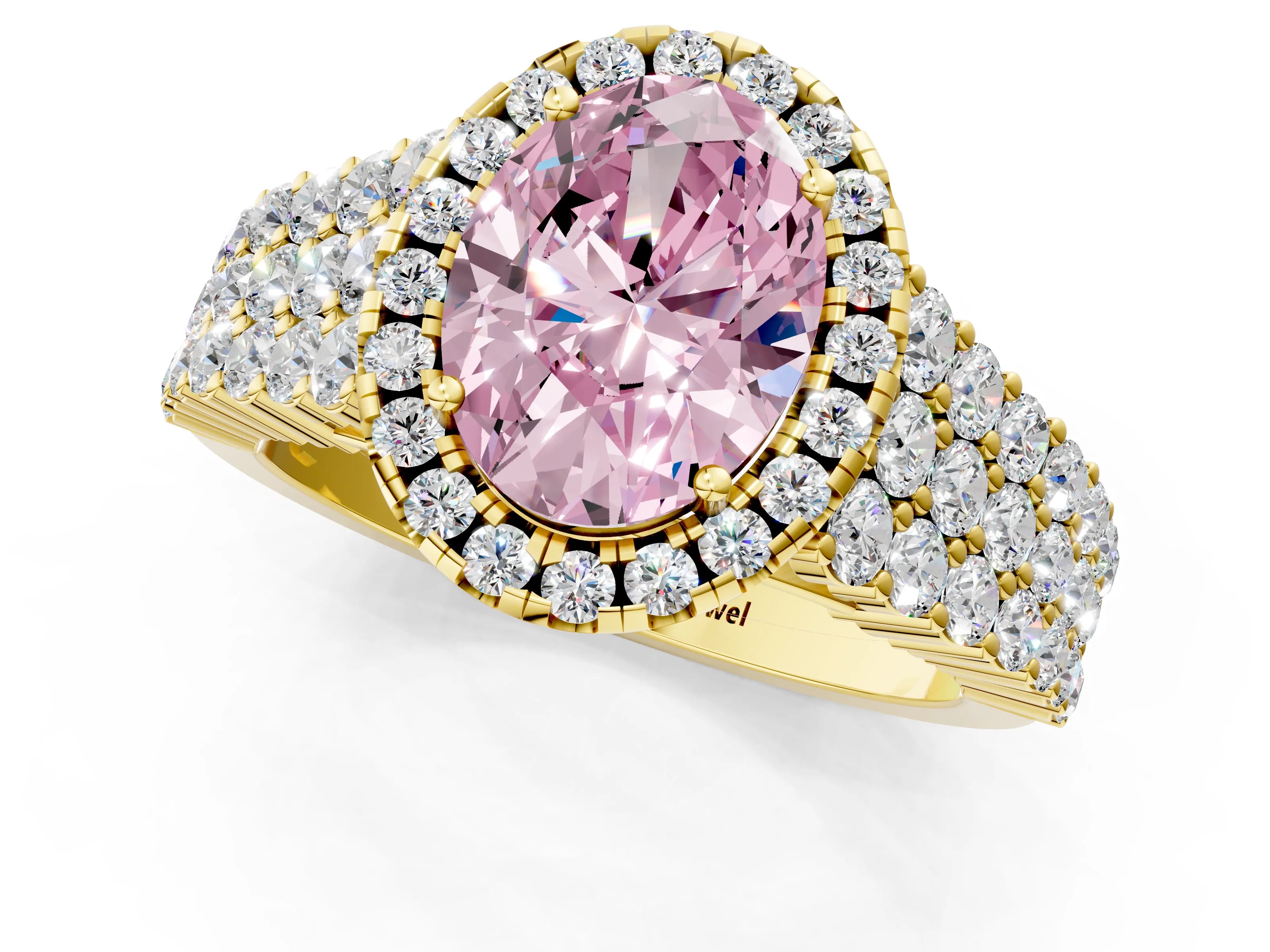Yellow gold Fancy Pink Oval Cut Halo Pavé Diamond Engagement Ring with Split Shank and Four-Prong Setting_4