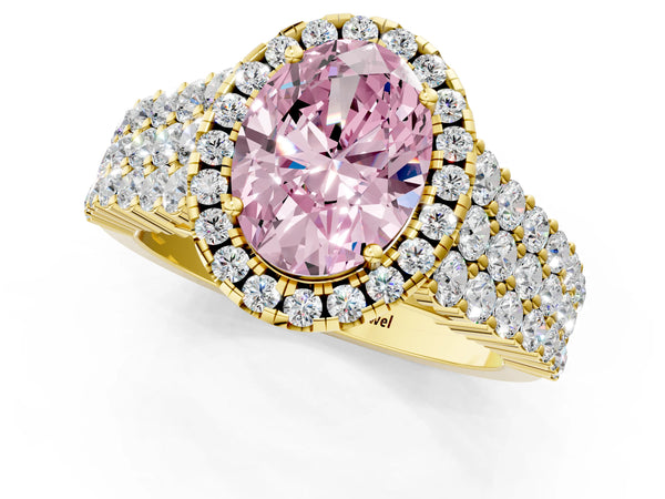 Yellow gold Fancy Pink Oval Cut Halo Pavé Diamond Engagement Ring with Split Shank and Four-Prong Setting