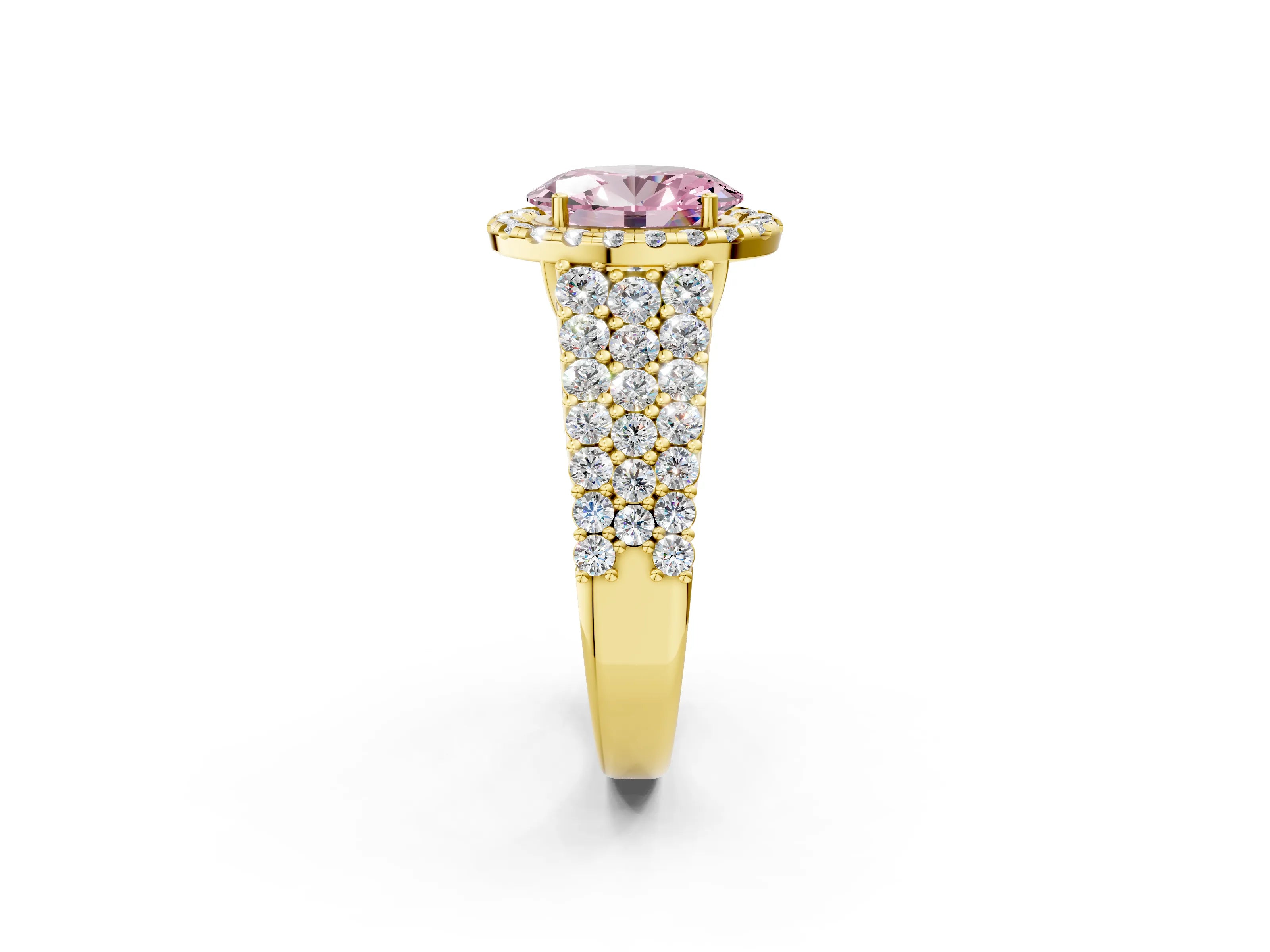 Yellow gold Fancy Pink Oval Cut Halo Pavé Diamond Engagement Ring with Split Shank and Four-Prong Setting_5