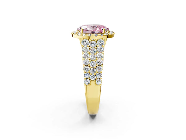 Yellow gold Fancy Pink Oval Cut Halo Pavé Diamond Engagement Ring with Split Shank and Four-Prong Setting