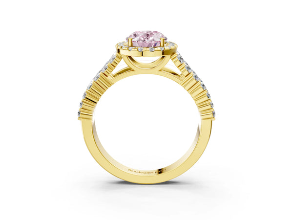 Yellow gold Fancy Pink Oval Cut Halo Pavé Diamond Engagement Ring with Split Shank and Four-Prong Setting