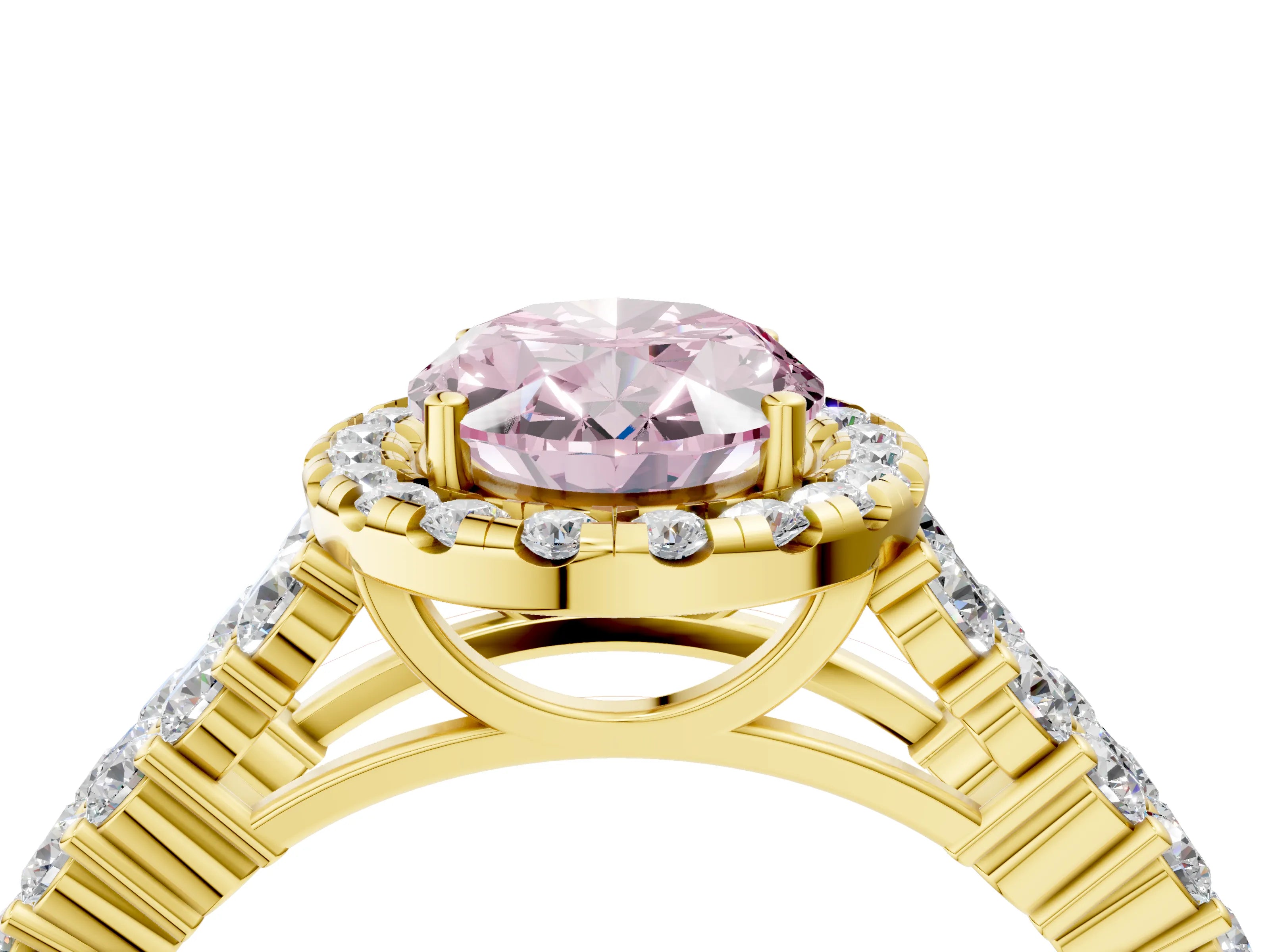 Yellow gold Fancy Pink Oval Cut Halo Pavé Diamond Engagement Ring with Split Shank and Four-Prong Setting_7