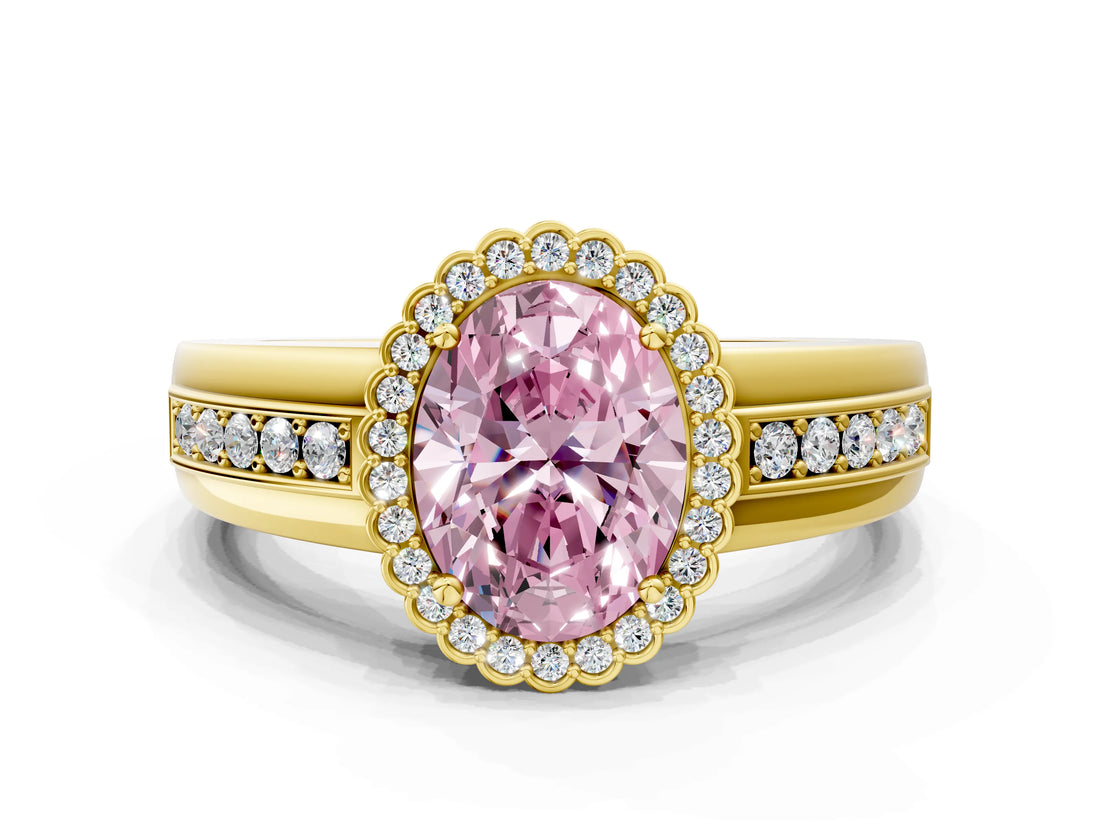 Yellow gold Fancy Pink Oval  Cut Halo Pave Band Four-Prong Ring_49